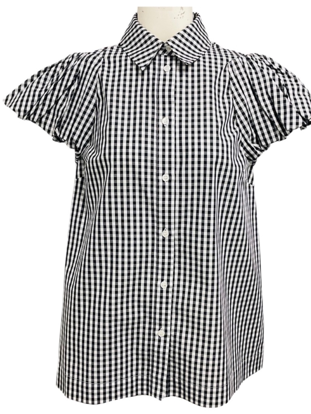 SIMONE ROCHA BLACK / WHITE SHORT SLEEVED GINGHAM CHECK COTTON TOP